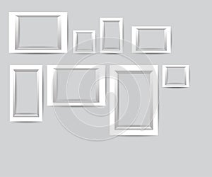 Set of white photo frames. Vector collection of blank photo frames on a gray background.