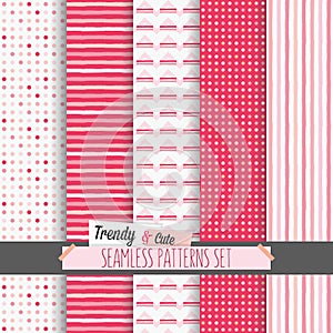 Set of white and pink dotted, stripes and chevron seamless patterns