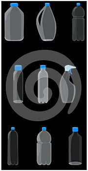 Set white plastic bottles on black background