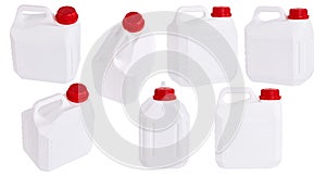 Set of white plastic canisters isolated in different positions