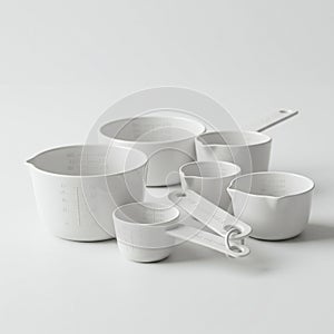 A set of white plastic measuring cups is arranged on a light surface. The set includes