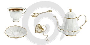 Set of white porcelain teapot, tea cup and saucer with gilded rim, gold metal tea strainer and spoon, Victorian style.