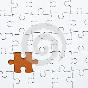 Set of white puzzle pieces and last one piece. blank, copy space