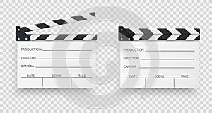 Set of white realistic movie clappers board. Clapboards open and closed