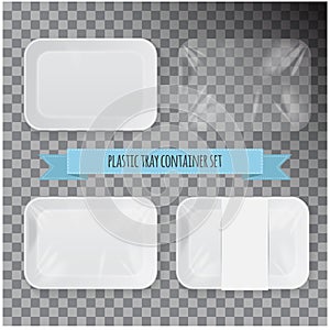 Set of White Rectangle Styrofoam Plastic Food Tray Container. Vector Mock Up Template