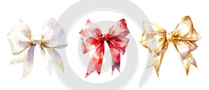 Set of white, red and gold bows watercolor isolated on transparent background