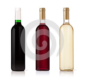 Set of white, rose, and red wine bottles