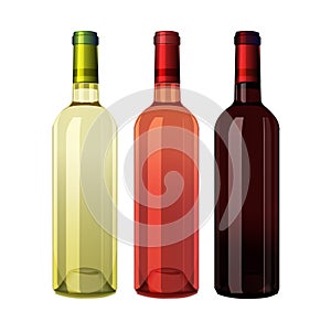 Set of white, rose, and red wine bottles