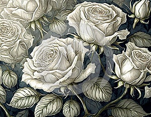 Set of white roses, background of white roses with green leaves for Valentine\'s Day, illustration, drawing.