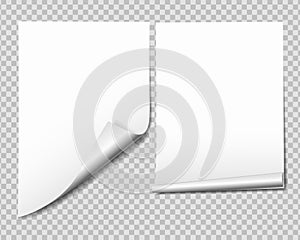 Set of white sheet of paper with bent corner, isolated on transparent background