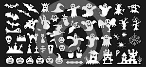 Set of white silhouettes of Halloween on a  black background. Vector illustration