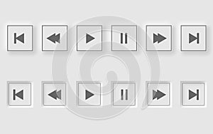 Set of white square vector buttons for player in neomorphism style.
