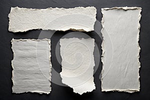 Set of White Torn Paper Sheets on Black Background