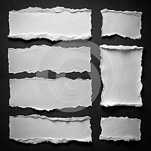 Set of White Torn Paper Sheets on Black Background