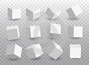 Set of white vector 3d cubes isolated on tranparent background.