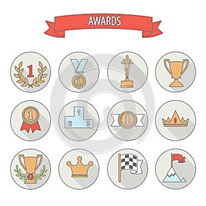 Set of white vector award success and victory flat icons on colo