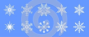 Set of white vector snowflake icons on a blue background. Winter decorative elements