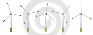 Set of white wind turbines isolated on white background