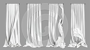 Set of white window curtains fluttering in the wind isolated on a grey background. Textile that is lightweight and has a