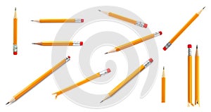 Set with whole and broken pencils on white background