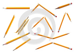 Set with whole and broken pencils on white background