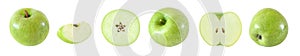 set of whole and cut in half green apple isolated on white background with clipping path