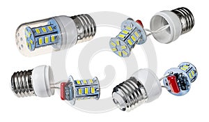 Set of whole electric LED lamp and its internal parts isolated on a white background