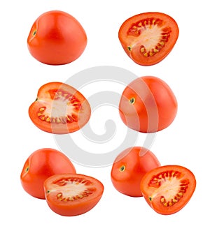 Set of whole and half plum red tomatos isolated on white