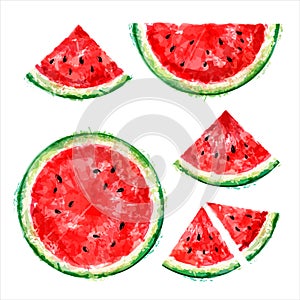 Set of whole, half and slices of watermelon in a cut on a white