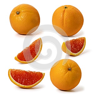 Set of Whole and piece red sicilian oranges on a white background. Full depth of field.