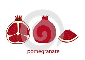 Set of whole pomegranate fruit, his lads, piece of pomegranate, isolated on white background. Vector flat illustration