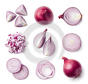 Set of whole and sliced red onions