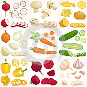 Set of whole and sliced vegetables. Vector illustration.