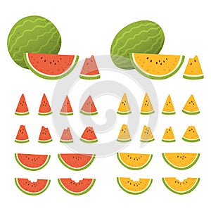 Set of whole and sliced watermelon with seeds isolated in white background. Fresh fruits in different shape and color