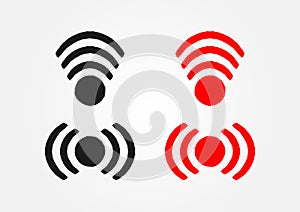 Set of wi-fi icons drawn by hand with rough brush. Black and red isolated symbols.