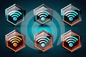 A set of Wi-Fi symbol icons on a dark blue background, a wireless network icon. Flat design