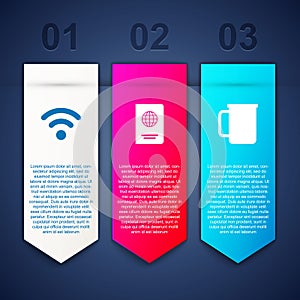 Set Wi-Fi wireless network, Passport and Coffee cup. Business infographic template. Vector