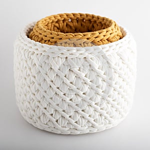 Set of wicker baskets, handmade on a white background. texture of knitted fabric braids
