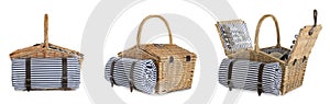 Set of wicker baskets with picnic essentials and blanket on background, banner design