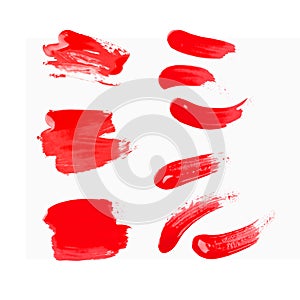 Set of wide and narrow brush strokes, red nail polish, isolated element for design
