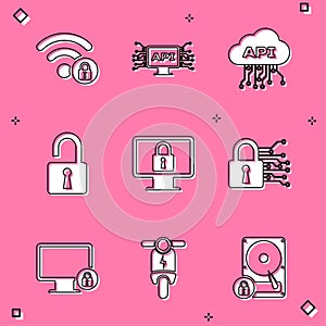 Set Wifi locked, Computer api interface, Cloud, Open padlock, Lock on monitor and Cyber security icon. Vector