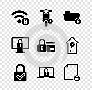 Set Wifi locked, Electric scooter, Folder and, Lock check mark, Laptop and Document icon. Vector