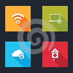 Set Wifi locked, Laptop and, Cloud computing and Retro wall watch icon. Vector