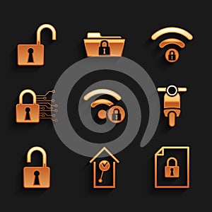 Set Wifi locked, Retro wall watch, Document and, Scooter, Open padlock and Cyber security icon. Vector