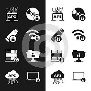Set Wifi locked, USB flash drive with, Computer api interface, CD or DVD disk, Server security and FTP folder and icon