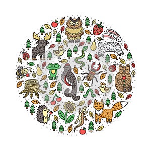 Set of wild animals. Forest nature. Cute hand-drawn doodles. Isolated elements. Vector illustration.