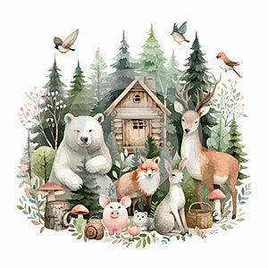 Set of Wild watercolor forest animals. Sticker with woodland wild animals, green trees, berries and plants. Bear, fox