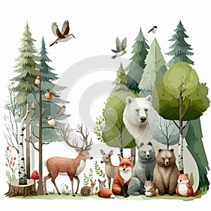 Set of Wild watercolor forest animals. Sticker with woodland wild animals, green trees, berries and plants. Bear, fox