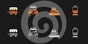 Set Wild west covered wagon, Car, Cruise ship and Train and railway icon. Vector