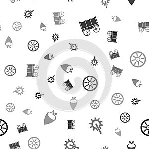 Set Wild west covered wagon, Spur, Old wooden wheel and Cowboy bandana on seamless pattern. Vector